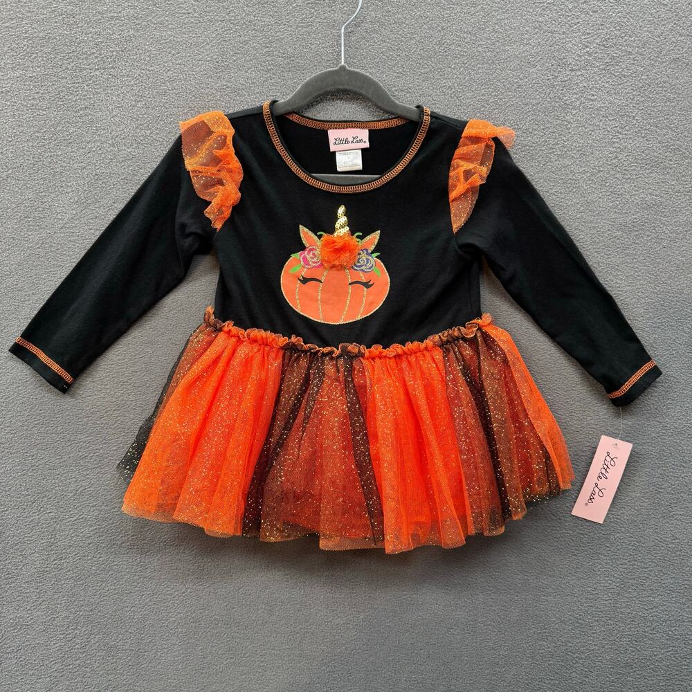 Little Lass Unicorn Pumpkin Halloween Tutu Dress Girls 3T Black Orange Cute